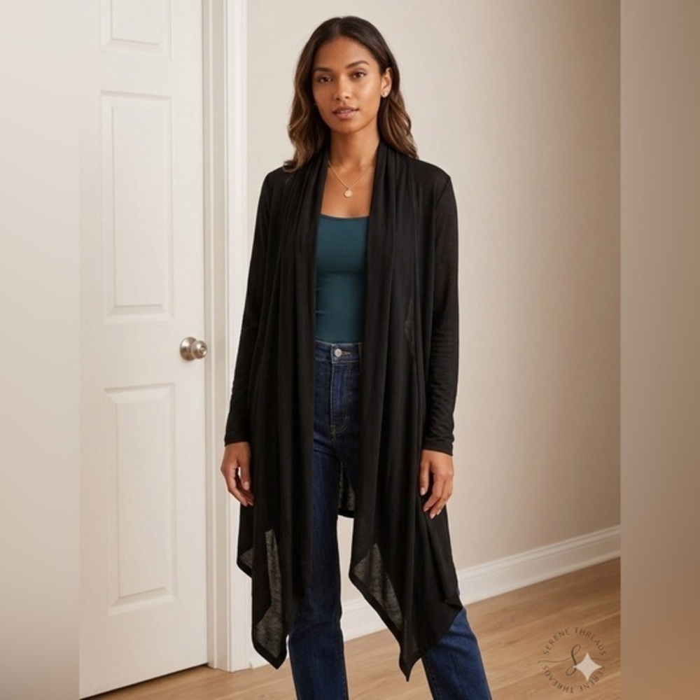 Alice + Olivia Women’s Small Black Tencel Open Cardigan Sweater Wrap Top S